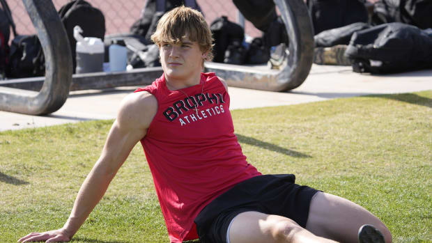 Brophy linebacker Bastian Vanden Bosch stretches during spring practice on April 24, 2023.