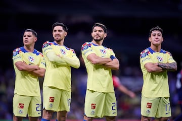 Diego Valdes celebrates his goal 1-0 with Richard Sanchez, Henry Martin and Alejandro Zendejas of America during the quarterfinals second  leg match between America (MEX) and New England Revolution  as part of the CONCACAF Champions Cup 2024, at Azteca Stadium on April 09, 2024 in Mexico City, Mexico.